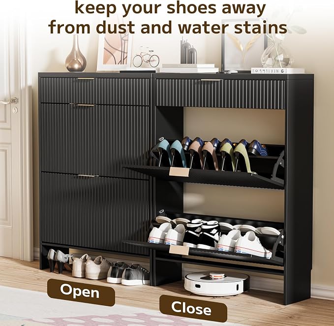 Fluted Shoe Cabinet Storage with 2 Flip Drawers & 1 Drawers, Wood Narrow Hidden Shoe Cabinet for Entryway, Freestanding Slim Shoe Rack Organizer for Foyer Hallway Living Room(Black)