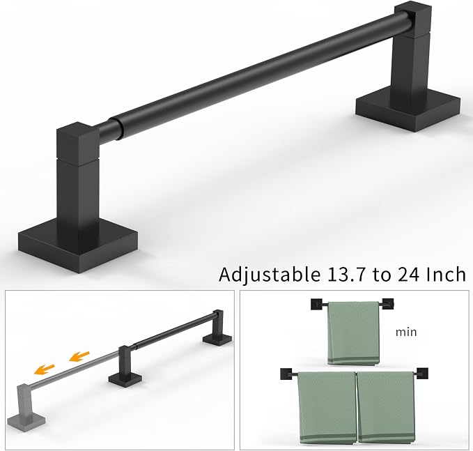 RUACQ Adjustable Towel Bar, Towel Racks for Bathroom Wall Mounted, Black | Adjust 13.8 to 24 inch Single Towel Rod, Bath Towel Holder, 304 Stainless Steel, Rustproof, Square Base, Heavy Duty, Modern