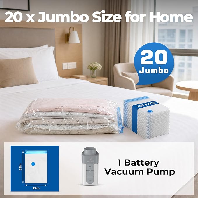 ETENWOLF 20 Jumbo Vacuum Storage Bags for Travel with Wireless Pump | Vacuum Seal Bags for Clothing Travel, Compression Packing Bags for Clothes and Blankets, Space Saver Bags in Carry-On Sizes