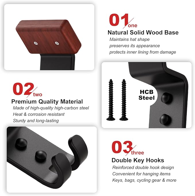 Motorcycle Helmet Holder Wall Mount - Heavy Duty Helmet Hanger Rack with 2 Key Hooks, Solid Wood & Strong Steel Design for Bike, Football, Skiing Sports Gear, Jackets & Hats (6)