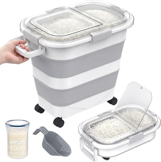 HOYTAMDA 25-35Lbs Rice Container,Collapsible Food Storage Container Wheels | Rice Storage Container with Transparent Airtight Lid,Handle,Small Bin&Scoop,Rice Dispenser for Flour Sugar Grain Dog Cat