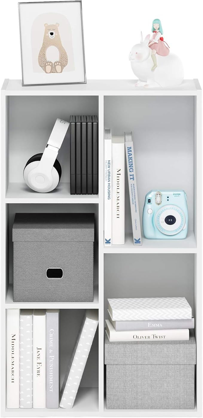 Furinno LUDER Book Shelf, 5-Cube Bookshelf, Reversible Bookcase, 9.4 x 19.5 x 31.5, Easy Assembly, for Living Room, Bedroom, Home Office, White
