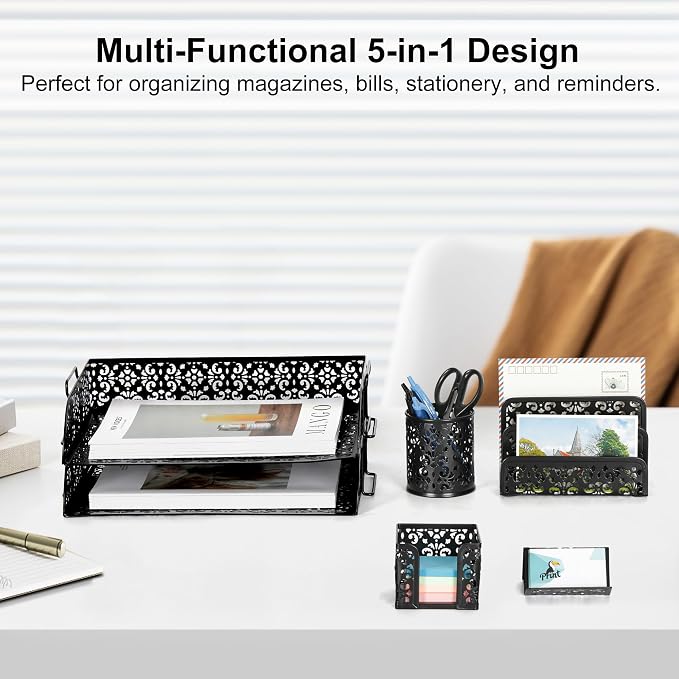 EasyPAG Desk Organizers and Accessories 5 Pieces Office Supplies Set - 2 Tier Paper Tray, Pencil Organizer for Desk, Mail Sorter Countertop, Business Card Holder and Sticky Note Holder, Black