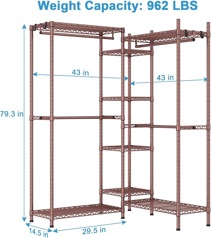 Ulif E4 Clothes Rack, Heavy-Duty Garment Rack Can Be L-Shaped Closet System | Bronze Metal Freestanding Clothing Organizer Storage System with Shelves and Hangers, Load 962lbs, 71.6"W x 14.5"D x 79.3"H