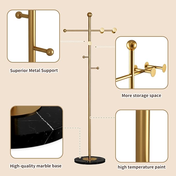 68.9 Inch Tall Modern Coat Rack,Gold Coat Tree Freestanding,Heavy-Duty Metal Coat Rack Freestanding with Sturdy Marble Base for Entryway,Hallway,Bedroom,Holds Coats Hats Bags Scarves