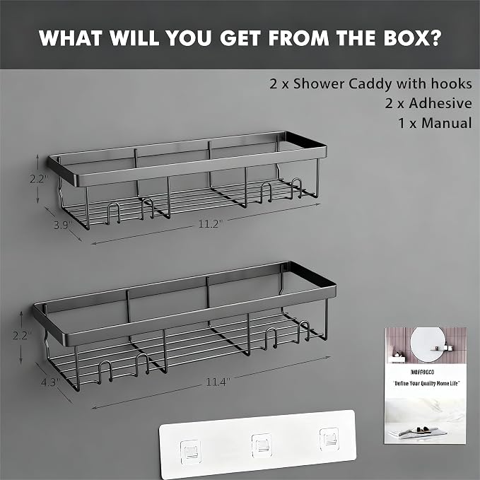 Moforoco Shower Caddy Shelf Organizer Rack, Self Adhesive Black Bathroom Shelves Basket, Home Farmhouse Wall Inside Organization and Storage Decor Rv Accessories, First Camper Apartment Essentials