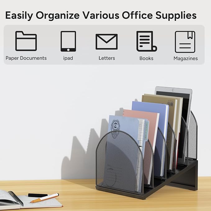 5-Section Desk File Organizer Metal Mesh Folder Organizer, Black | Metal Mesh Folder Organizer for Documents, Mail & Office Papers