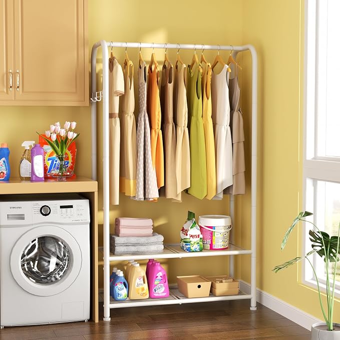 SINGAYE Wardrobe Standing Closet Clothing Rack With Shelf Hanging Clothes | Wardrobe Open Compact Small Metal Garment Hanger Stand Alone Free Standing Black Closet Rack Storage Organizer Heavy Duty