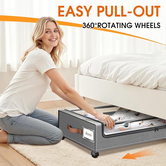 SpaceHacks Under Bed Storage with Wheels 2Pack Underbed Storage with Clear Window&Label Under Bed Drawers Large Capacity Rolling Under Bed Storage for Clothes,Shoes, Blankets (Light Grey)