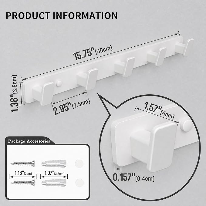 White Wall Mount Coat Rack, 5 Wall Hooks For Hanging Key Holder Hat Hooks | Heavy Duty Door Hooks Coat Hooks Rack Wall Mounted for Entrance Robes, Bags, Keys, and Towels Bathroom Towel Hanger, 1 Pcs