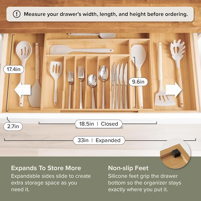KitchenEdge Silverware & Utensil Drawer Organizer, 18-33 in, Bamboo | Cutlery, flatware, food-safe contract grade, kitchen drawer fit