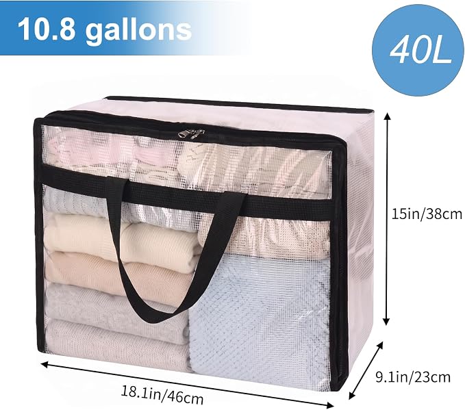 Fixwal Storage Bags 4 Pack 40L Mesh Clear for Blankets Clothes Sheets | Waterproof Clear Mesh Fabric, Zippered Closure, for Bedding Duvets Comforters and Clothes, Closet and Under-Bed Storage