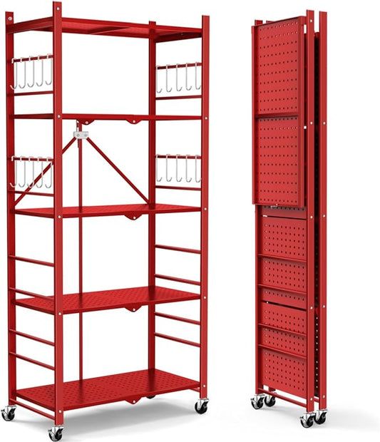 Himix Storage Shelves with 20 Hooks, 5-Tier Foldable Shelves for Storage, Folding Utility Shelf Unit Pantry Shelf with Wheels, Metal Shelving Unit Rack for Garage Christmas Room, Red - No Assembly