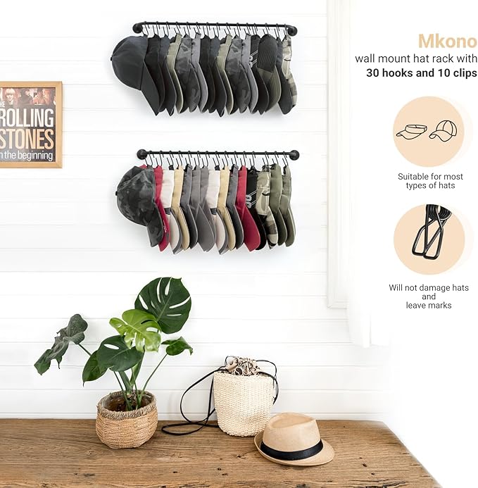 Mkono Hat Organizer Hat Rack for Wall Storage Holder with 30 Hooks Set of 2 | Hanging for 30 Caps, Adjustable Hooks, Space-Saving, Holds Baseball Scarves Belts Bags, Closet Door Bedroom Entryroom Laundry