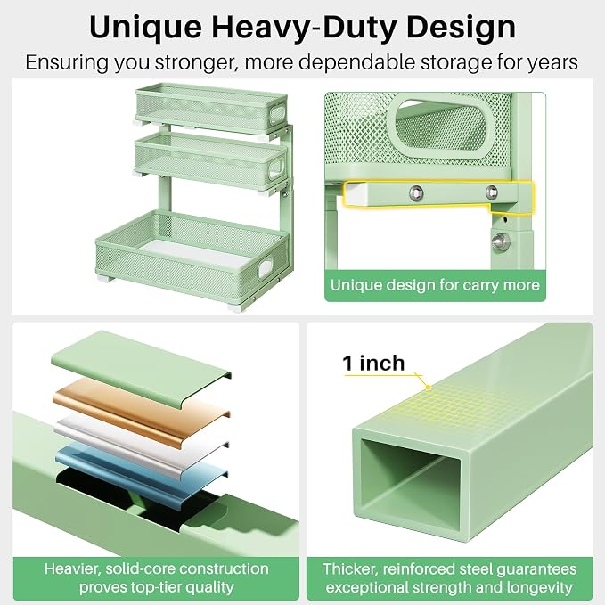 Kitstorack Under Sink Organizer, 1-Pack 3-Tier Height Adjustable Thickened Metal Pull out Cabinet Organizer Shelf, Slide out Storage Drawer Rack for Bathroom Kitchen Pantry Home Organization, Green