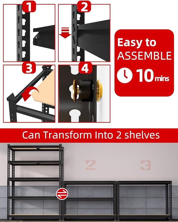 PrimeZone 5-Tier Garage Storage Shelves, Adjustable Metal Shelving, Black | 35.5"W x 12"D x 72"H, Heavy-Duty Metal Frame & Connectors, FSC MDF Boards, 2000 LBS Storage for Garage, Pantry, Closet