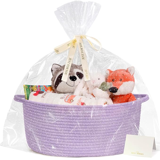 CHICVITA Large Gift Basket Empty with Bags & Ribbon for Baby Shower, Purple | 13.6"x 10" x 6" Woven Gift Basket Empty to Fill for Holiday, Rope Baskets for Organizing, Birthday Basket, Dog Toy Basket