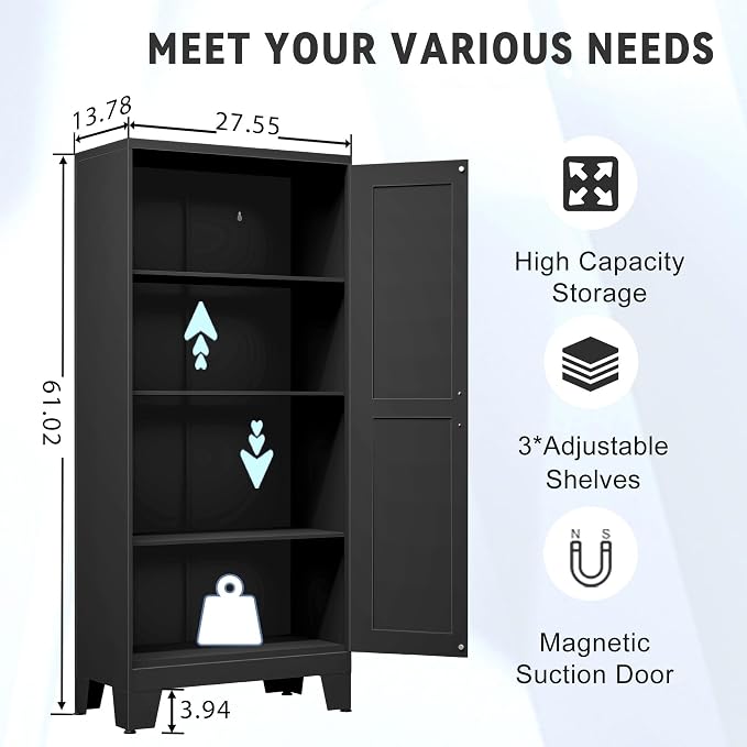 GAIOUS 61.02" Kitchen Pantry Cabinet, Pantry Storage Cabinet with 2 Doors and Adjustable Shelves, Black Food Storage for Kitchen, Living Room, Bedroom and Dining Room (Black) Metal Sideboard
