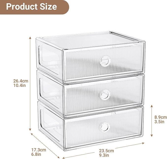 3 Tier Clear Makeup Drawer, PET Cosmetic Storage Organizer for Dresser, Countertop & Bathroom Vanity, Holders for Lipstick, Brushes, Skincare & Beauty Supplies