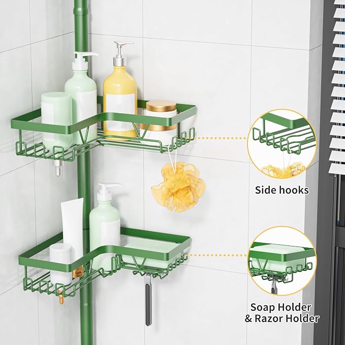 KEGII Shower Caddy Tension Pole, Bathroom Storage Shelf, Emerald Green | Space-Saving 4-Tier with 28 Hooks and Soap Holder, No Drill Setup for Renters, Adjustable Floor to Ceiling Shower Storage