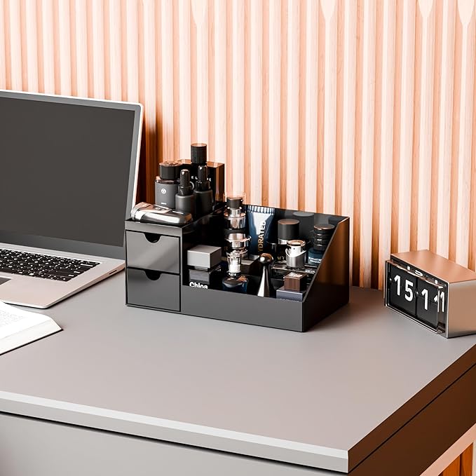 Makeup Organizer with 2 Drawer,Black Cologne Organizer for Men,Cologne Stand and Rack,Skin Care,Perfume Organizer Holder and Fragrance Shelf for Vanity,Bathroom Countertop and Dresser Top,1PCS