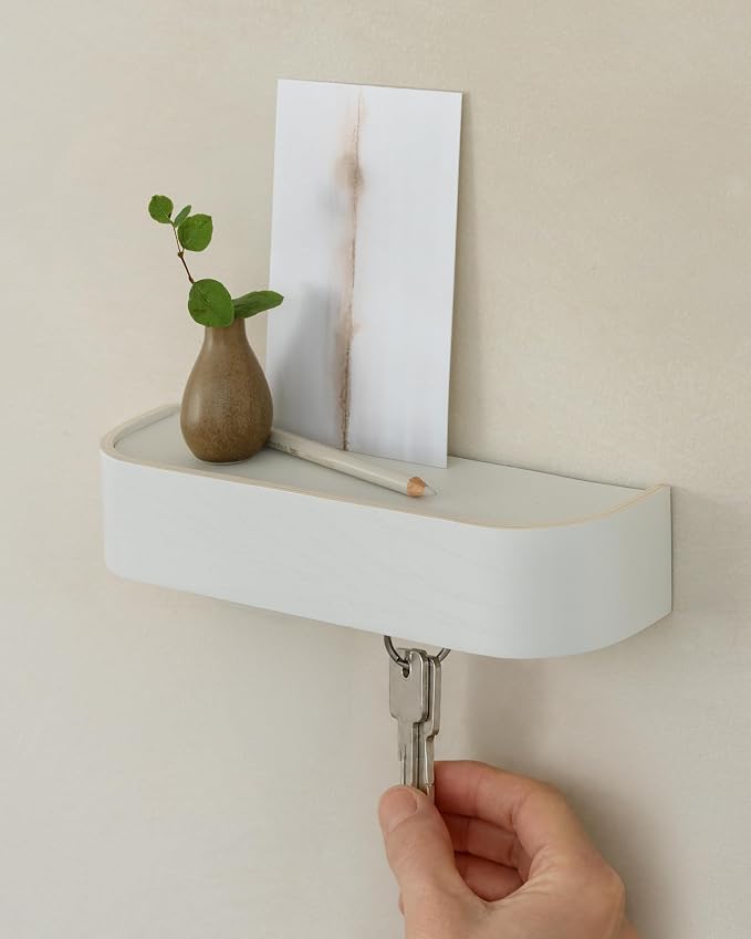 Kazai. Key Holder 'Toke' | Minimalist Key Hook Design from Berlin | Modern Key Holder Wall Mount with Wooden Shelf | Key Rack for Wall as Entryway Organizer | White