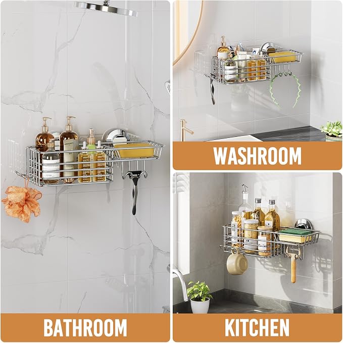 LEVERLOC Shower Caddy Suction Cup Shower Shelves Shower Holder，Silver | No Drill, Heavy Duty, Small, Wall Mount, Soap Holder, Shampoo Holder