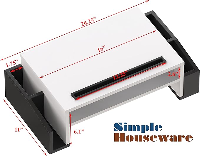 Simple Houseware Desk Monitor Stand Riser w/ Adjustable Tray, Black/White | Built-In Tablet Slot and Side Storage