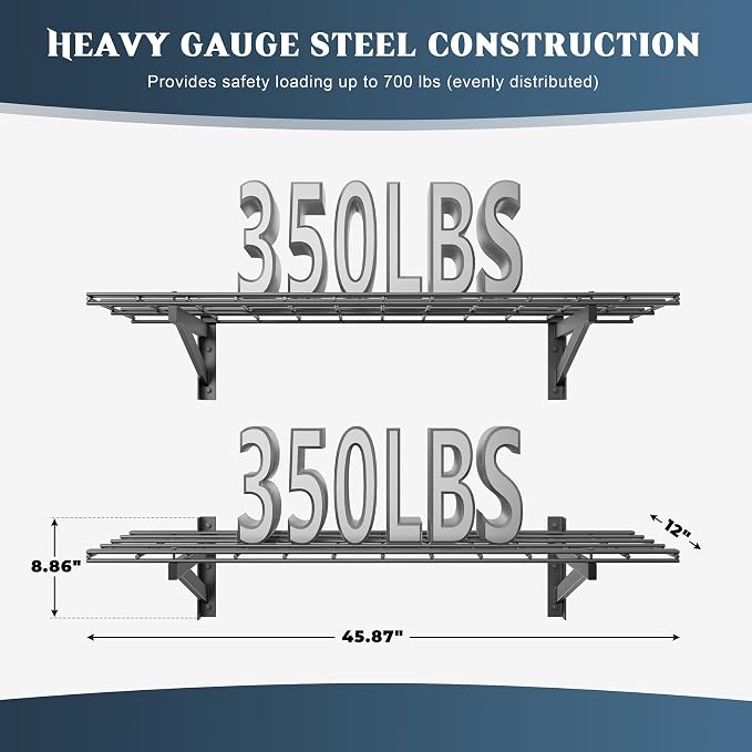 Jusgym 2 Pack Wall Mounted Garage Shelving, 1x4ft, 700lbs Integrated Grid | Wall Mounted Floating Design, 12"x96" Storage Rack, No Splice Seamless Structure, Rustproof Black Coating for Garage Workshop