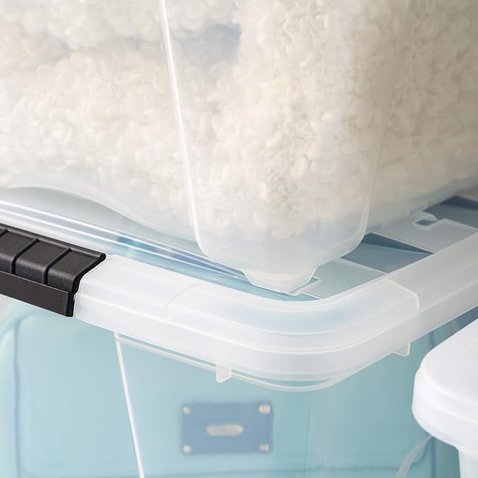 IRIS USA 4-Pack 54 Quart Storage Bins with Lids, Clear | Transparent design makes contents easy to find. Perfect for moving, blankets, clothing, and garage storage. Nestable design