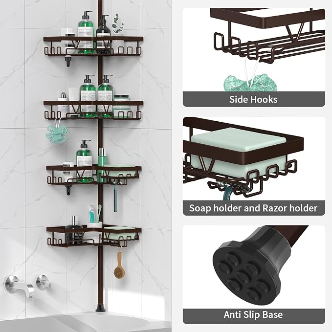 DAOYA Corner Shower Caddy Tension Pole Bronze Tension Rod Shower Organizer | 4-Tier Stainless Steel Showe Shelf, with Soap Holders & Side Hooks, for Bathroom/Tub, Adjustable 25-114inch, Space Saving