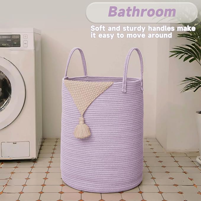 JMvicyroam 60L Cotton Rope Laundry Basket Hamper, Purple | Collapsible laundry basket, reinforced handles, freestanding, machine washable, holds 3-5 thick blankets, clothes or toys