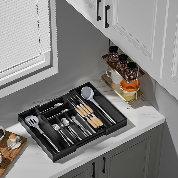Expandable Bamboo Silverware Drawer Organizer Kitchen Tray, Black | Removable Knife Block, Holds 7 Knives, Adjustable Dividers, 12.6-21.45 x 16.3 x 2.13 in, Drawer Insert for Utensils, Forks