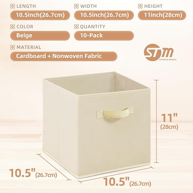 STORAGE MANIAC Storage Cubes, 11 Inch Collapsible Storage Bins with Handles, 10 Pack Fabric Foldable Bins for Organization, Durable Storage Bins for Closet, Shelves, Offices, 10-Pack Beige