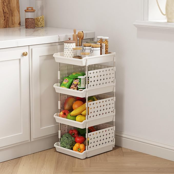 Lifewit Plastic Stackable Storage Baskets, 4 Tier Stacking Bins for Food and Clothes, Multifunctional Organizer for RV, Kitchen, Playroom, Pantry and Bathroom, 13.8"D x 11.8"W x 28.3"H, 1 Pack, White | Stacking Bins for Food, Multifunctional Organizer ...