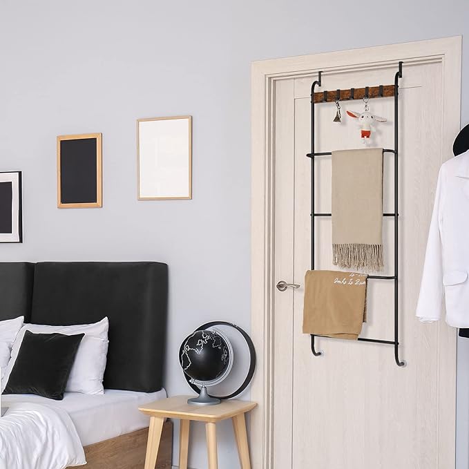 Over the Door Towel Rack Over The Door Towel Bar for Bathroom | Back of Door Towel Rack, 5 Tier Over The Door Towel Bar with Hooks, Black Door Rack Hanger, Stable Suction Cup Design