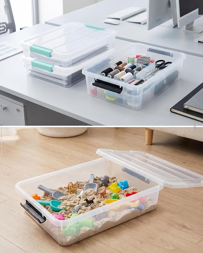 EOENVIVS Clear Storage Boxes with Lids 4 Pack Plastic Sensory Boxes with Secure Latches, Stackable Clear Storage Bins with Lids for Sewing Scrapbook Paper Craft Supplies Household Organizer