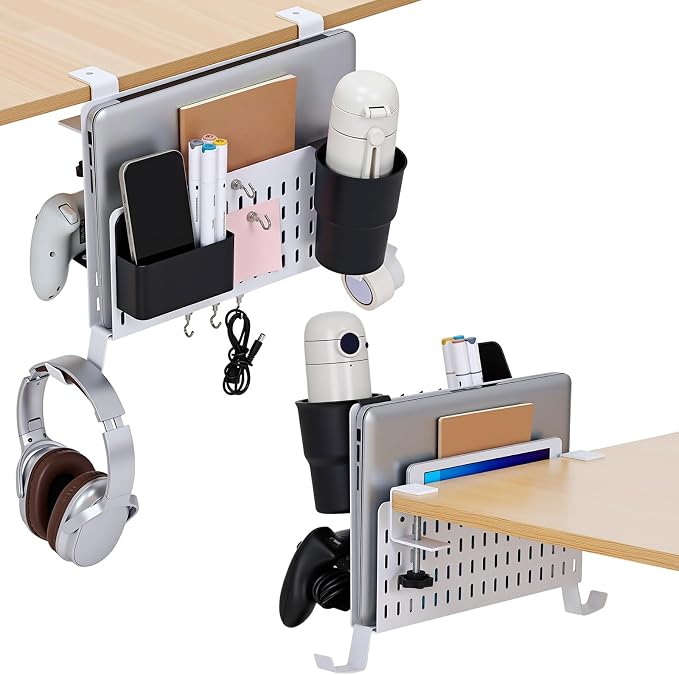 Desk Side Storage Organizer Set No Drill Under Desk Laptop Stand Organizer with Cup Pen Holder Headphone Hanger and Magnet Hook for Office Home Table Fits Edge 0.2" to 2.2"(Classic,White)