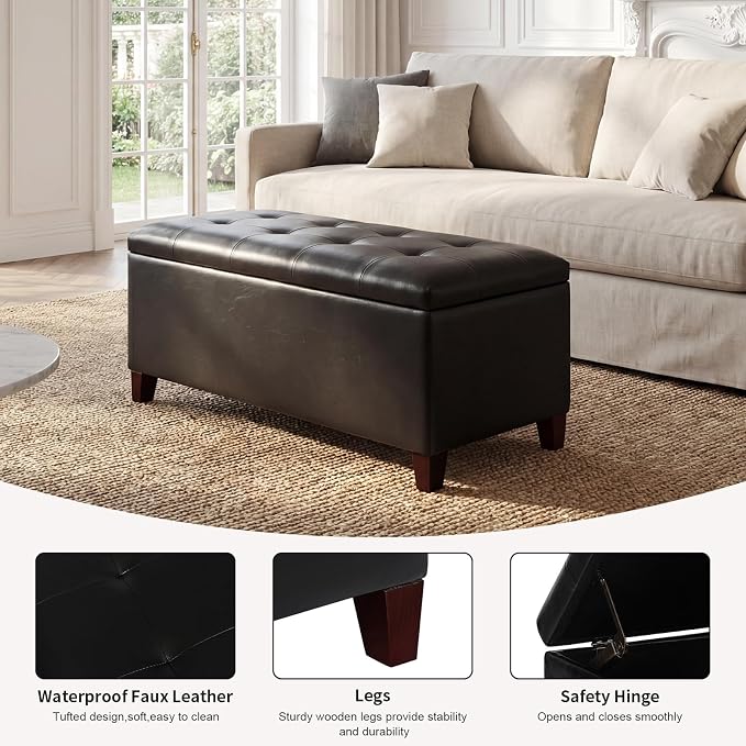 Storage Ottoman Bench, 33" Faux Leather Upholstered End of Bed Bench with Safety Hinge,Wooden Legs,for Entryway Bedroom Living Room,Black