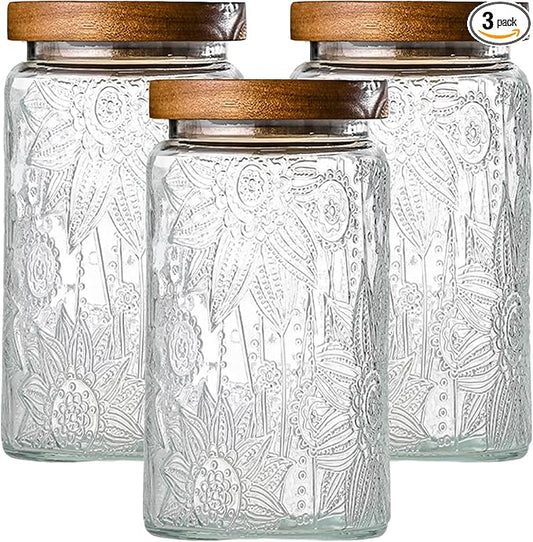 Glass Storage Containers With Lids, Glass Jars With Lids, 32oz, Set Of 3 | Airtight Glass Food Storage Containers, Kitchen Canisters For Sugar, Coffee, Tea, Spice, Flour, Candy, Pasta, Cereal