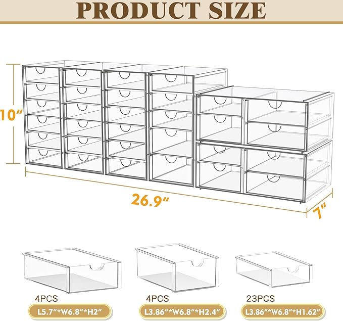 YFXCVSL 6-Pack Acrylic 31-Drawer Storage & Makeup Organizer for Desk | Smooth-glide drawers, clear acrylic, stackable, dustproof, wipe-clean, for makeup palettes, lipsticks, blushes, cotton pads