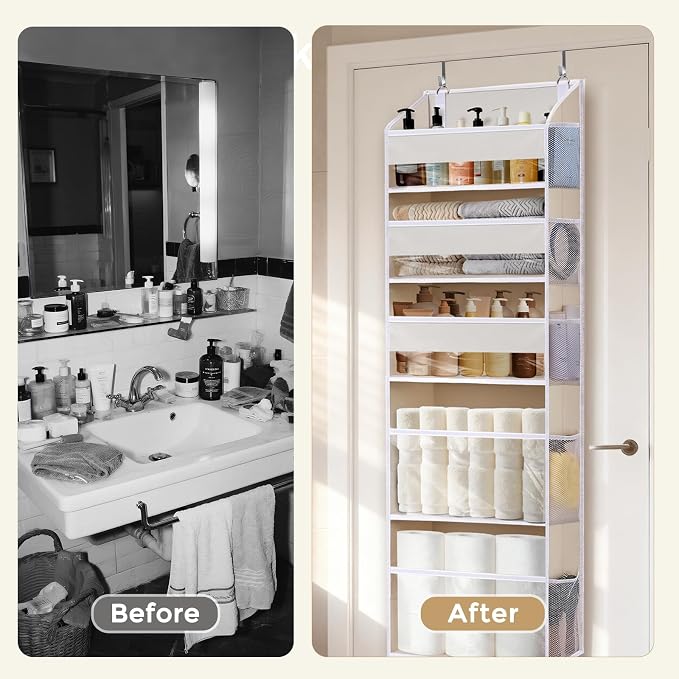 5 Tiers Over the Door Organizer with 10 Mesh Side Pockets, 44 lbs Weight Capacity Closet Hanging Storage Organizer with Large Clear Window Kids Toys, Shoes, Diapers, Beige
