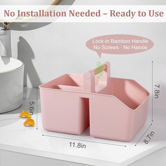 rejomiik Plastic Shower Caddy, Portable Basket with Bamboo Handle, Pink | Cleaning Caddy Organizer Tote for Bathroom, College Dorm Essentials, Bath Toy Storage, Cleaning Supplies