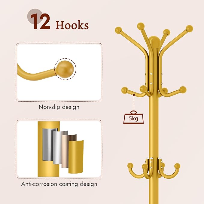 FAVOOSTY Coat Rack Freestanding,Coat Rack Stand with Umbrella Holder,Metal Coat Tree with 12 Hooks,Tree Clothes Hat for Entryway, Hallway, Bedroom, Living Room & Office -Glod