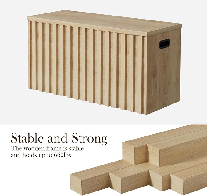 Storage Bench,39.4" Wood Box, Storage Trunk with 2 Safety Hinges, Ottoman Storage Chest, Fluted Storage Bench for Bedroom, Entryway, Living Room (Ivroy White)