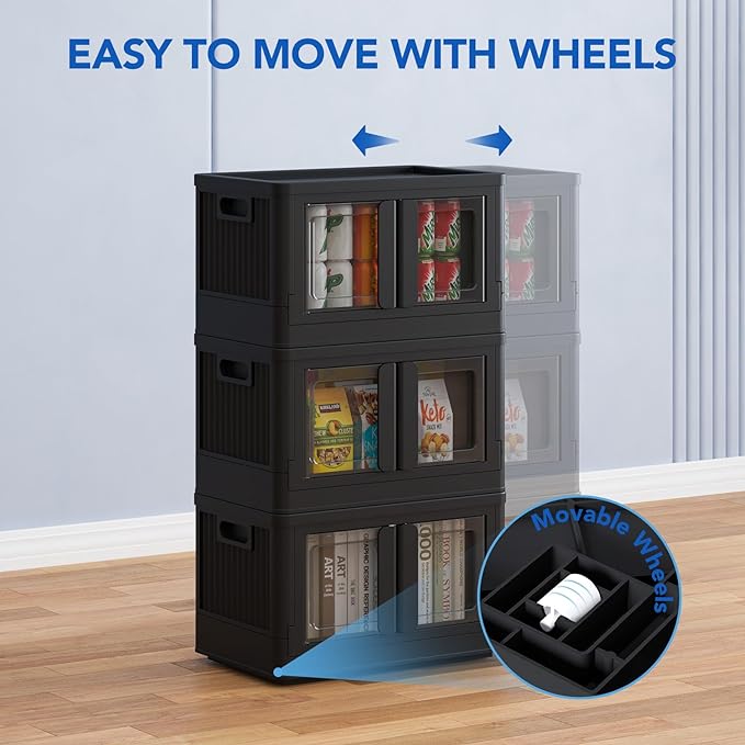 FLEXIMOUNTS 150 QT Stackable Plastic Storage Bins With Lids, Black | Collapsible Foldable Storage Bins with Front Doors and Built-in Wheels, Organizers and Storage for Home, Dorm, 4 Pack Cubes