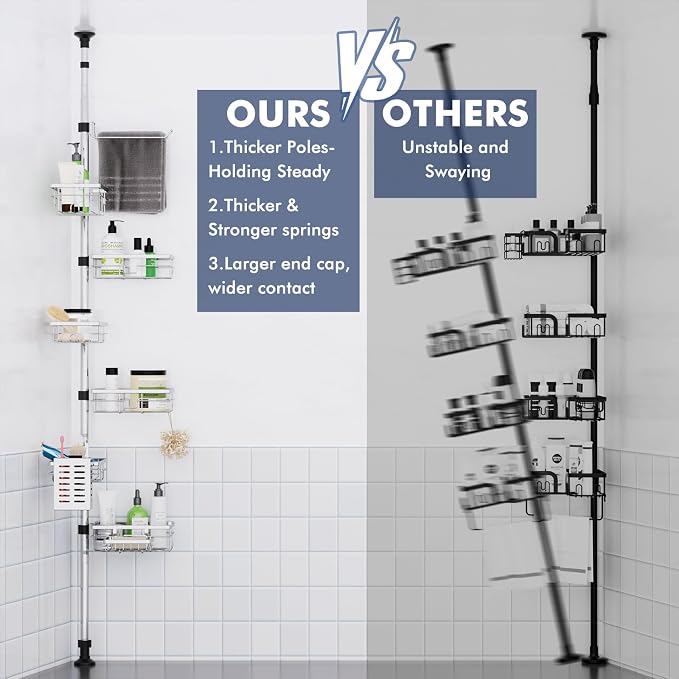 Shower Caddy Corner Tension Pole,Stainless Steel Shelves Bathroom Organizer | Rustproof 6-Tire Shelf, Adjustable 30-120 Inch Storage, Towel Bar & Soap Dish & Toothbrush Holder Rack