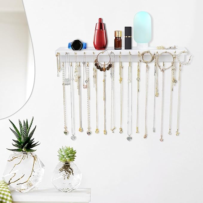 YYILIS Necklace Holder, Upgraded Extra Large Wall Necklace Organizer with 30 Hooks Wall Mounted Necklace Hanger with Jewelry Tray/Cosmetics Shelf Rustic Pine Wood Holder (2 Pack-Double White)