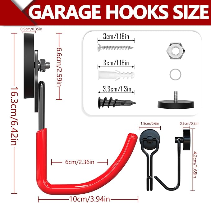 3-H Heavy Duty Magnetic Hooks, Large Magnet Hooks,2 Pack Red | No-Drill Tool Holder for Garage,Power Drill,Garden Tools,Hose Storage