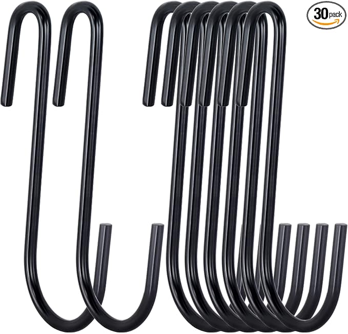 ESFUN 30 Pack Heavy Duty S Hooks 4 inch Black S Shaped Hooks Hanging Hangers Pan Pot Holder Rack Hooks for Kitchenware Spoons Pans Pots Utensils Clothes Bags Towels Plants